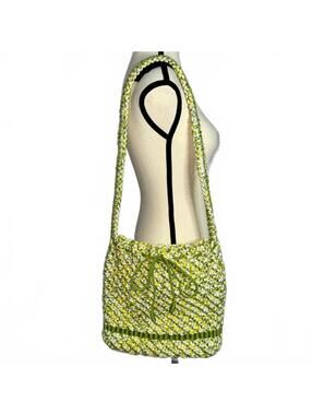 Vintage 80s Crochet Shoulder Bag - Green & Yellow Knit Artisanal